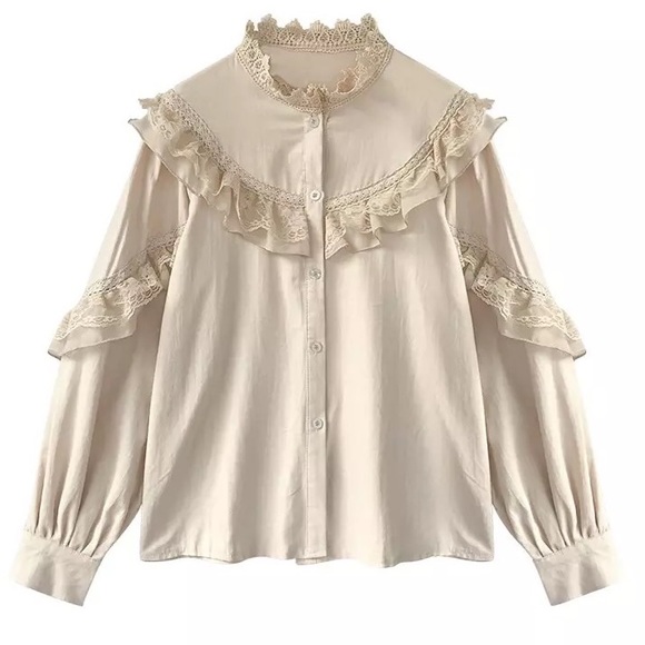 Lace blouse shirt soft khaki button top collar long sleeve